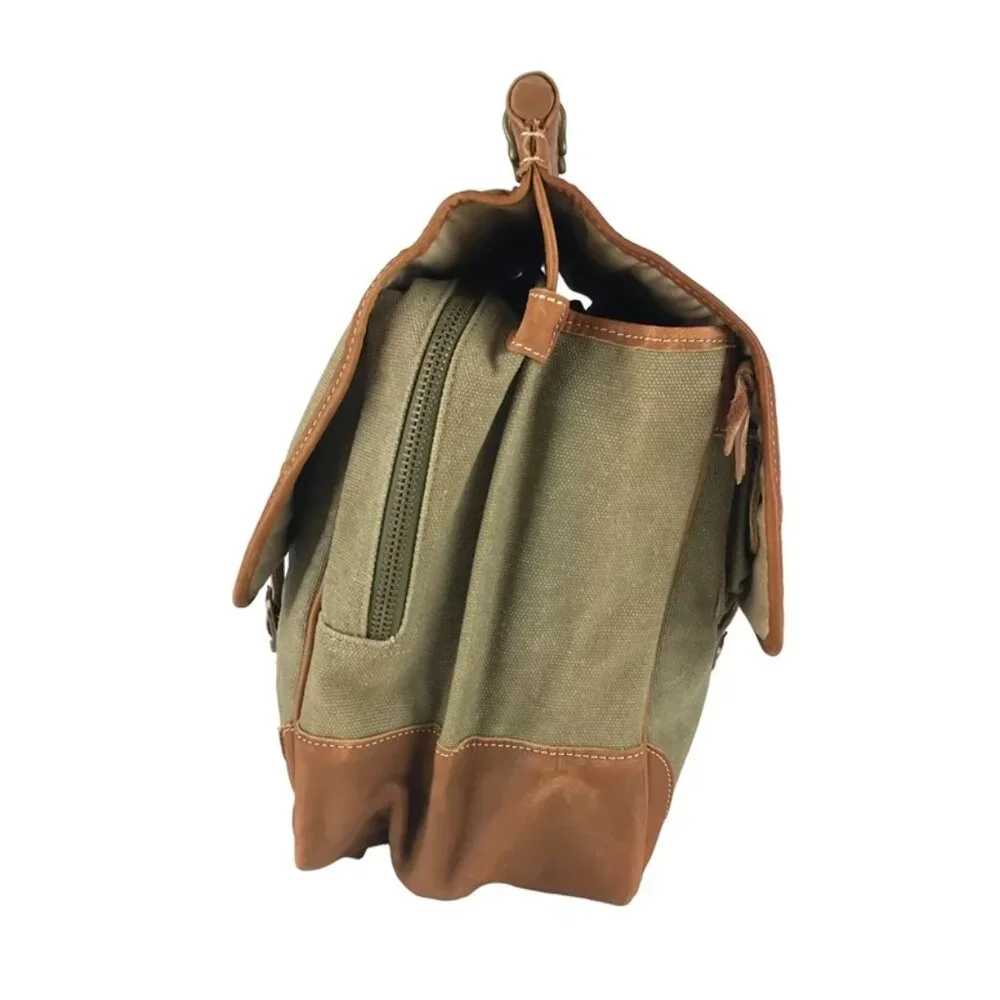 Unisex Adults Beige Brown Canvas Inner Zip‎ Pockets Top Handle Messenger Bag